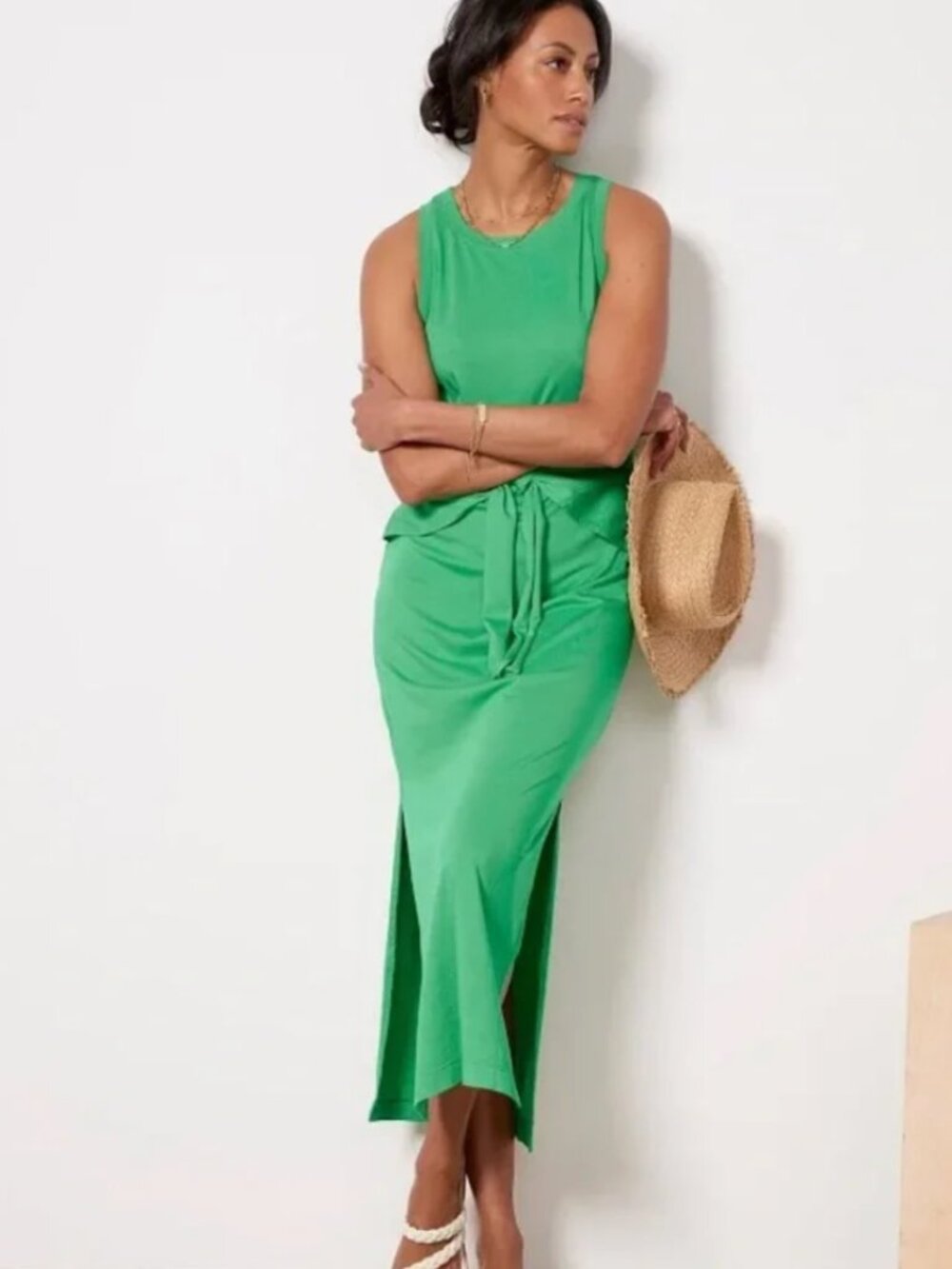 MICHAEL STARS Solange Maxi Dress Field Green S Modal Blend Belted Side Slit